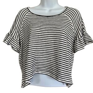 Max Studio London White Black Stripe Flutter Short Sleeve Top Blouse Size Medium